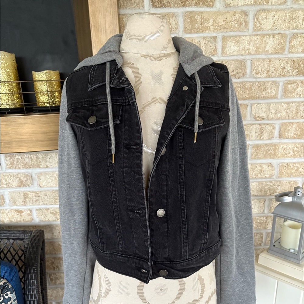 Hollister black denim jacket with hoodie size S